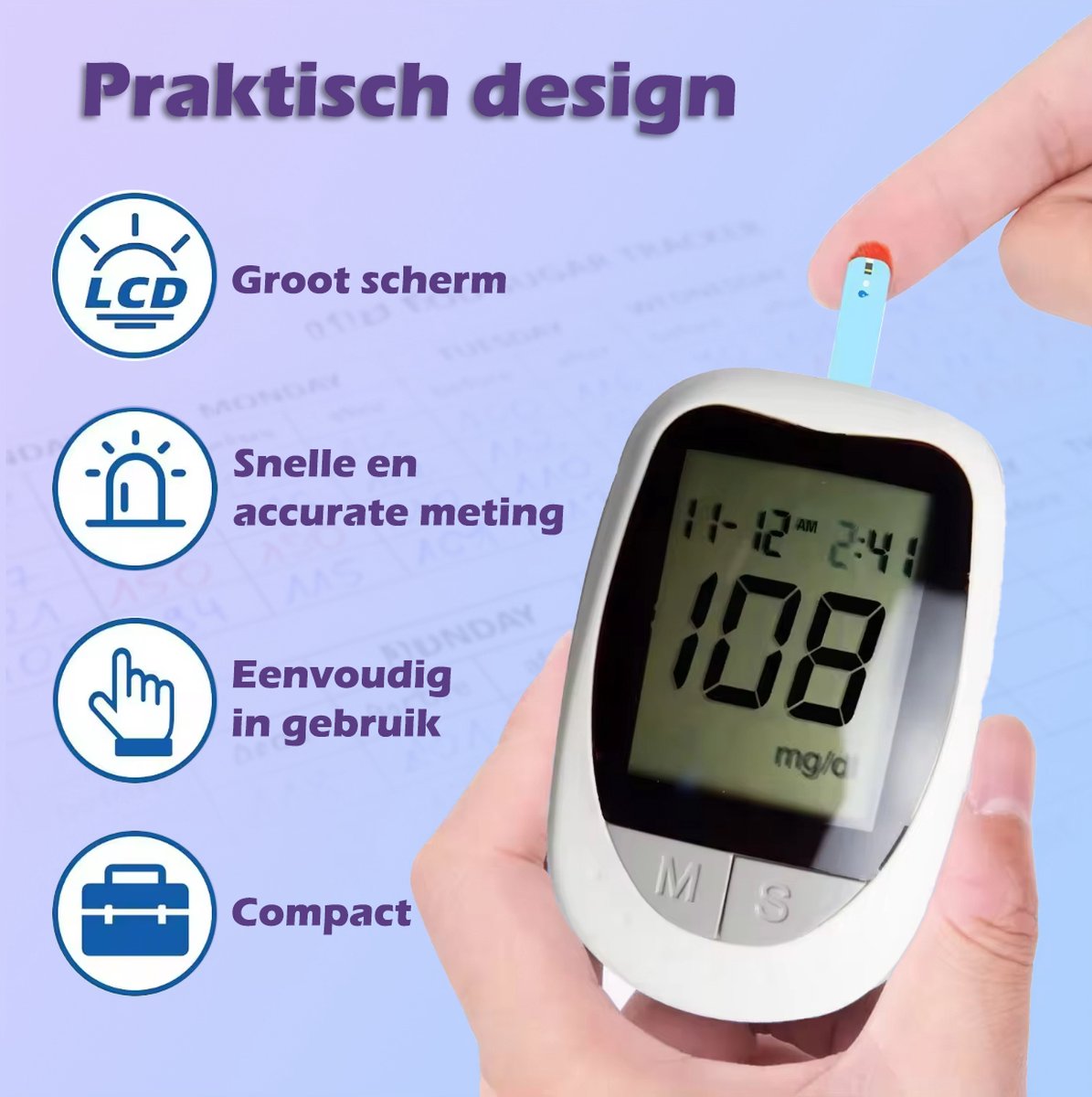 OPTIMERA® - Glucosemeter - Bloedsuikermeter - Incl. 50 Test Strips en 50 Lancetten - Bloedglucosemeter - Diabetes Meter - Startpakket (Model KH-100) - Volledige Set