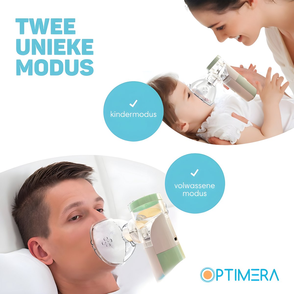 OPTIMERA® - Aerosoltoestel - Inhalator – Nebulizer - Ultrasone Vernevelaar - Inhalatieapparaat voor Kinderen, Volwassenen & Baby’s - Helpt tegen Luchtwegaandoeningen - 2024 Model - Incl. 3 mondstukken