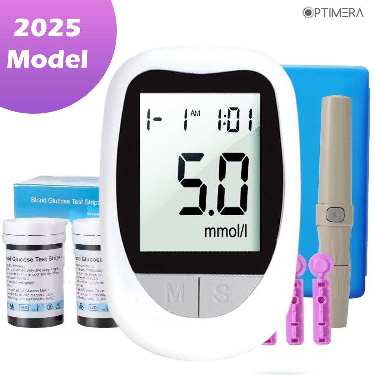 OPTIMERA® - Glucosemeter - Bloedsuikermeter - Incl. 50 Test Strips en 50 Lancetten - Bloedglucosemeter - Diabetes Meter - Startpakket (Model KH-100) - Volledige Set