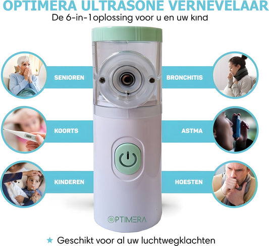 OPTIMERA® - Aerosoltoestel - Inhalator – Nebulizer - Ultrasone Vernevelaar - Inhalatieapparaat voor Kinderen, Volwassenen & Baby’s - Helpt tegen Luchtwegaandoeningen - 2024 Model - Incl. 3 mondstukken