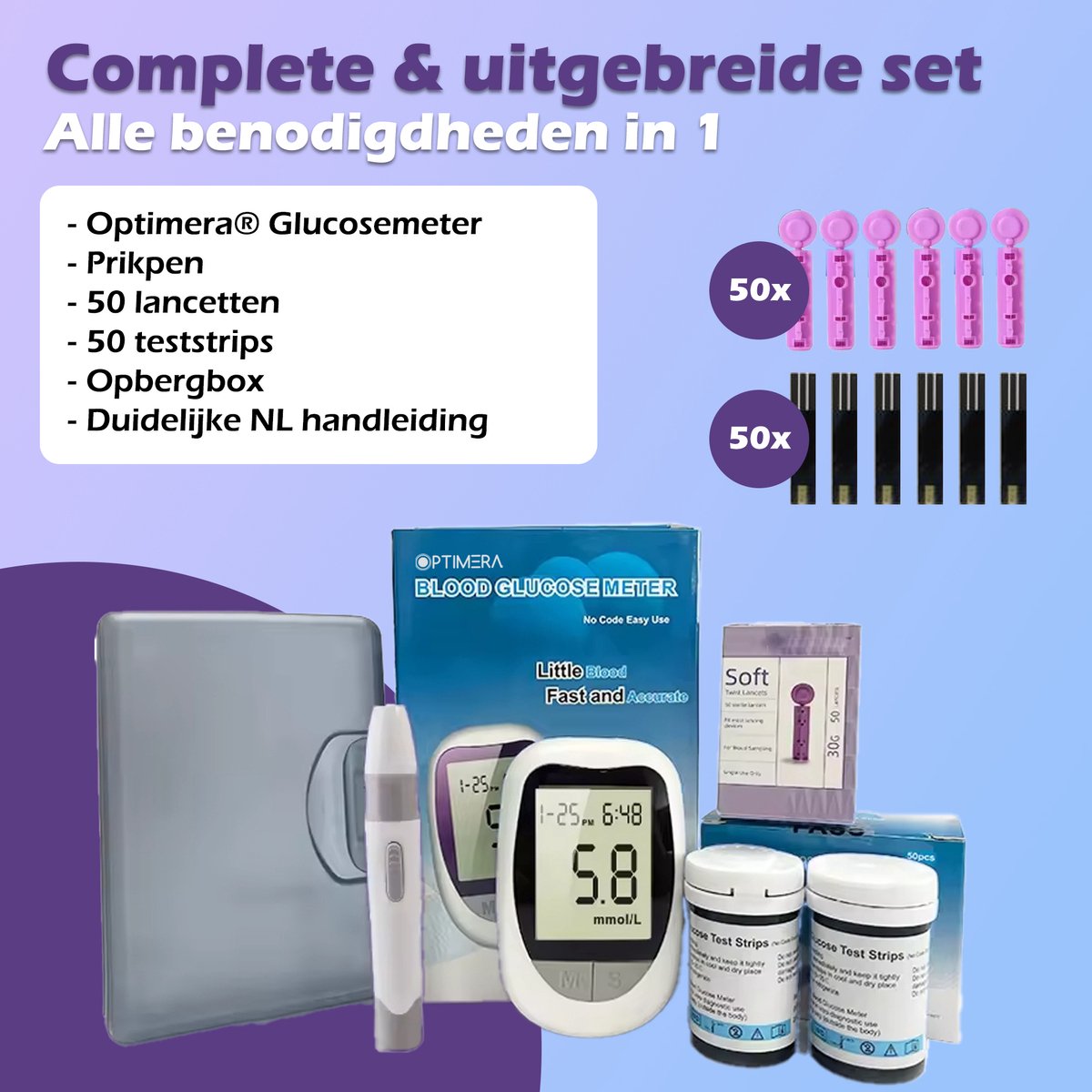 OPTIMERA® - Glucosemeter - Bloedsuikermeter - Incl. 50 Test Strips en 50 Lancetten - Bloedglucosemeter - Diabetes Meter - Startpakket (Model KH-100) - Volledige Set