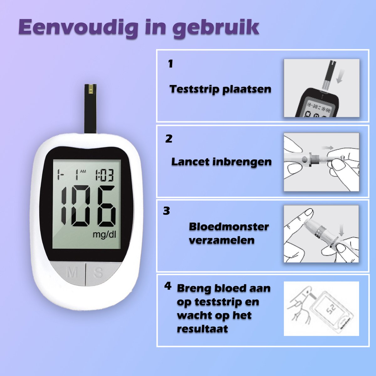 OPTIMERA® - Glucosemeter - Bloedsuikermeter - Incl. 50 Test Strips en 50 Lancetten - Bloedglucosemeter - Diabetes Meter - Startpakket (Model KH-100) - Volledige Set