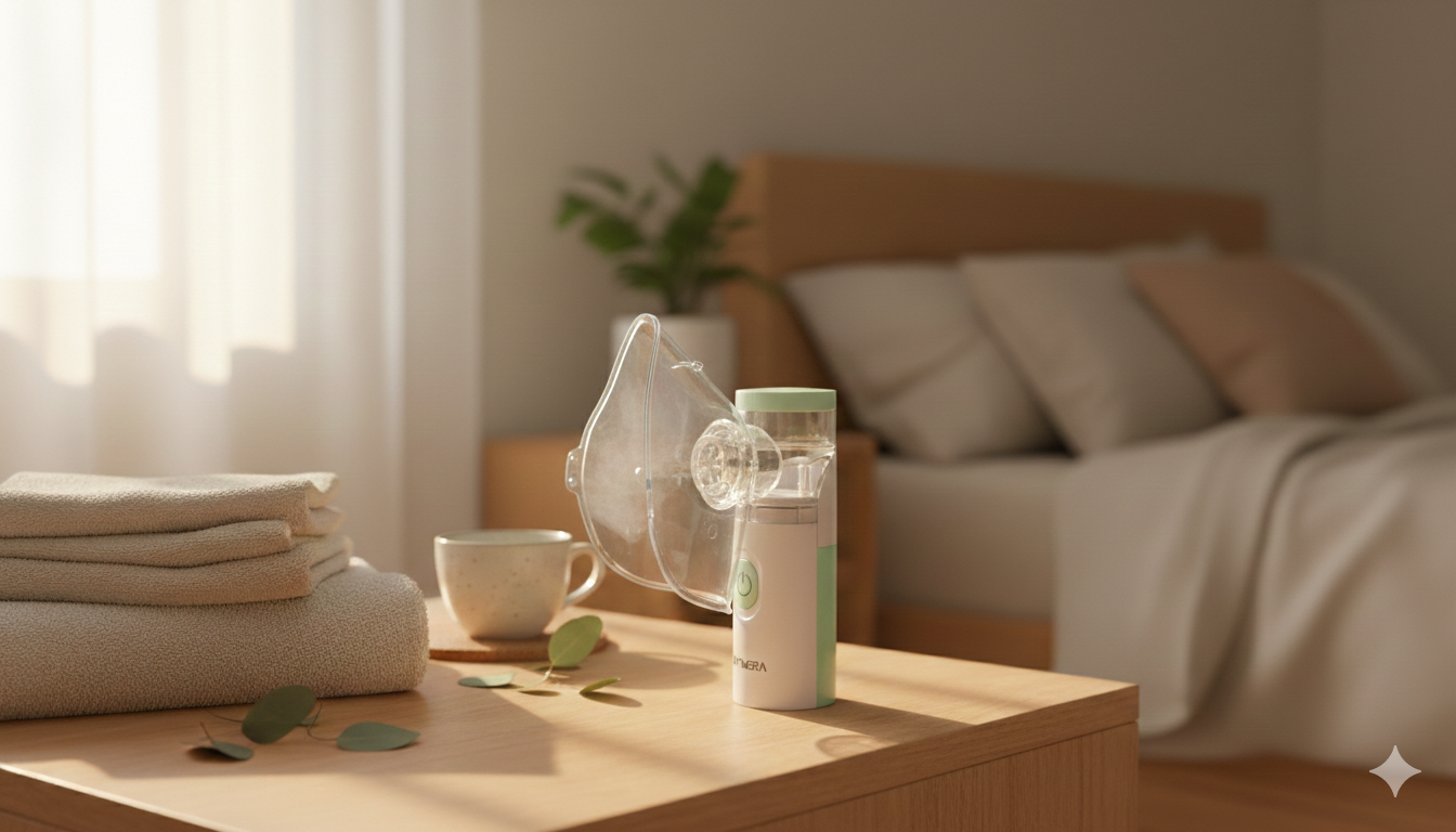 OPTIMERA® aerosoltoestel sfeerfoto – inhalator in moderne woonkamer